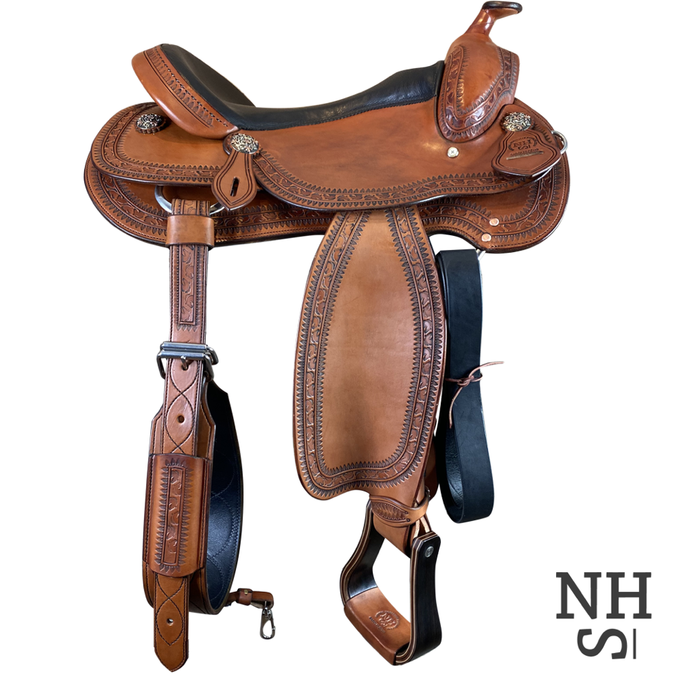 Medium oil leather Western saddle flank cinch center strap w/basket stamping 