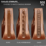 Hornless Carry Me Promo TOOLED STIRRUPS, Rope, Dual Horsehead, Daisy